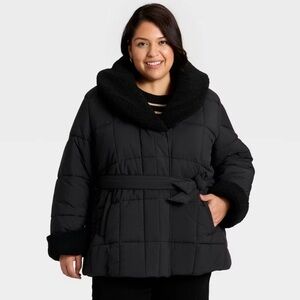 New Ava & Viv Black Faux Shearling Puffer Oversized Coat Size 1X
